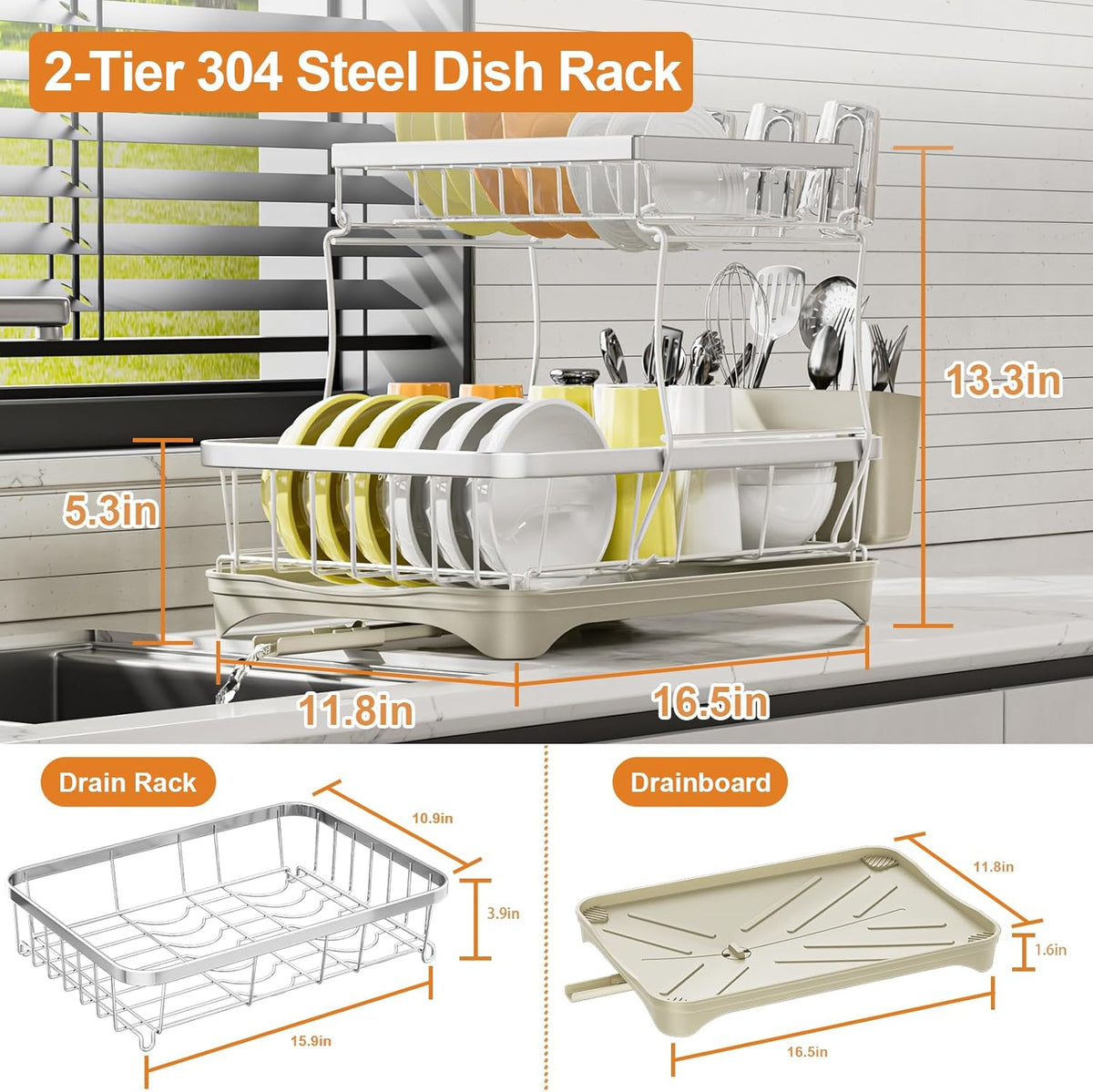 Dish Drying Rack Kitchen 2-Tier 304 Stainless Steel Dish Racks for Kitchen Counter,Dish Strainer with Adjustable Draining Tray,Drying Rack with Water Cup Hook & Cutlery Holder,Grey