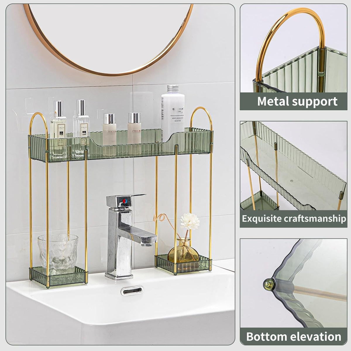 Makeup Organizer for Vanity,2-Tier Bathroom Sink Organizers Shelf Over Faucet Countertop Organizer Rack with Green Plastic Trays,n-Shaped Sink Storage for Bathroom Dresser