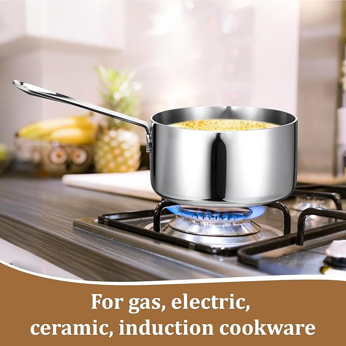 Stainless Steel Butter Warmer Measuring Pan 0.5 Quart Small Sauce Pan 18/10 Tri-Ply Stainless Steel Saucepan with Dual Pour Spouts