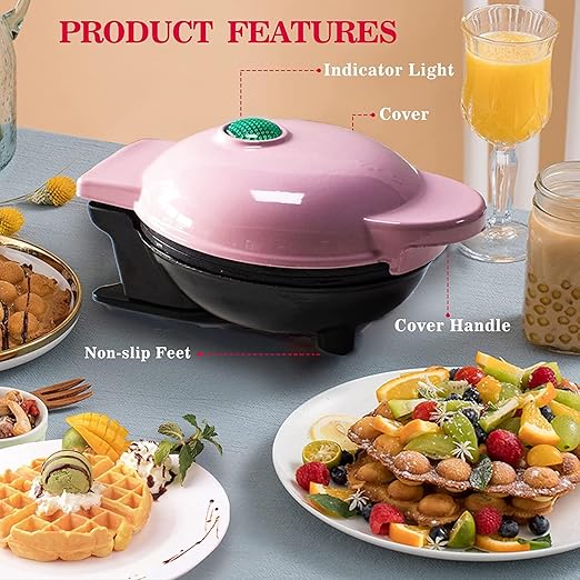 Mini Maker Waffle Maker 5“ Non-Stick Waffler Iron Stuffler Stuffed Wafflera Adjustable Browning Control, Heart, Pink