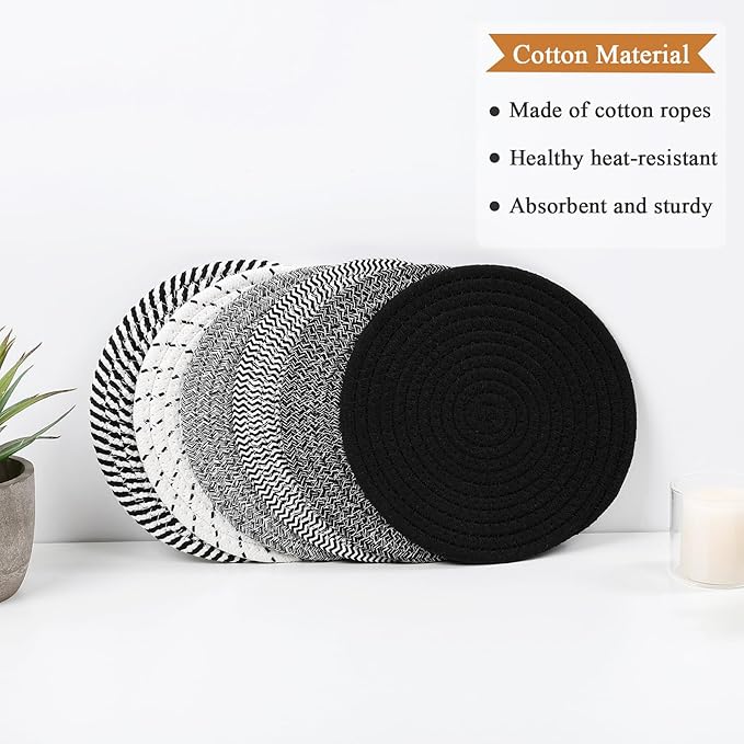 SHACOS 8 Inch Trivets for Hot Dishes 6 Pieces Heat-Resistant Trivet Set, Cotton Trivets Mats for Kitchen, Hot Pads for Countertops Table, Farmhouse Home Decor Essentials, Black