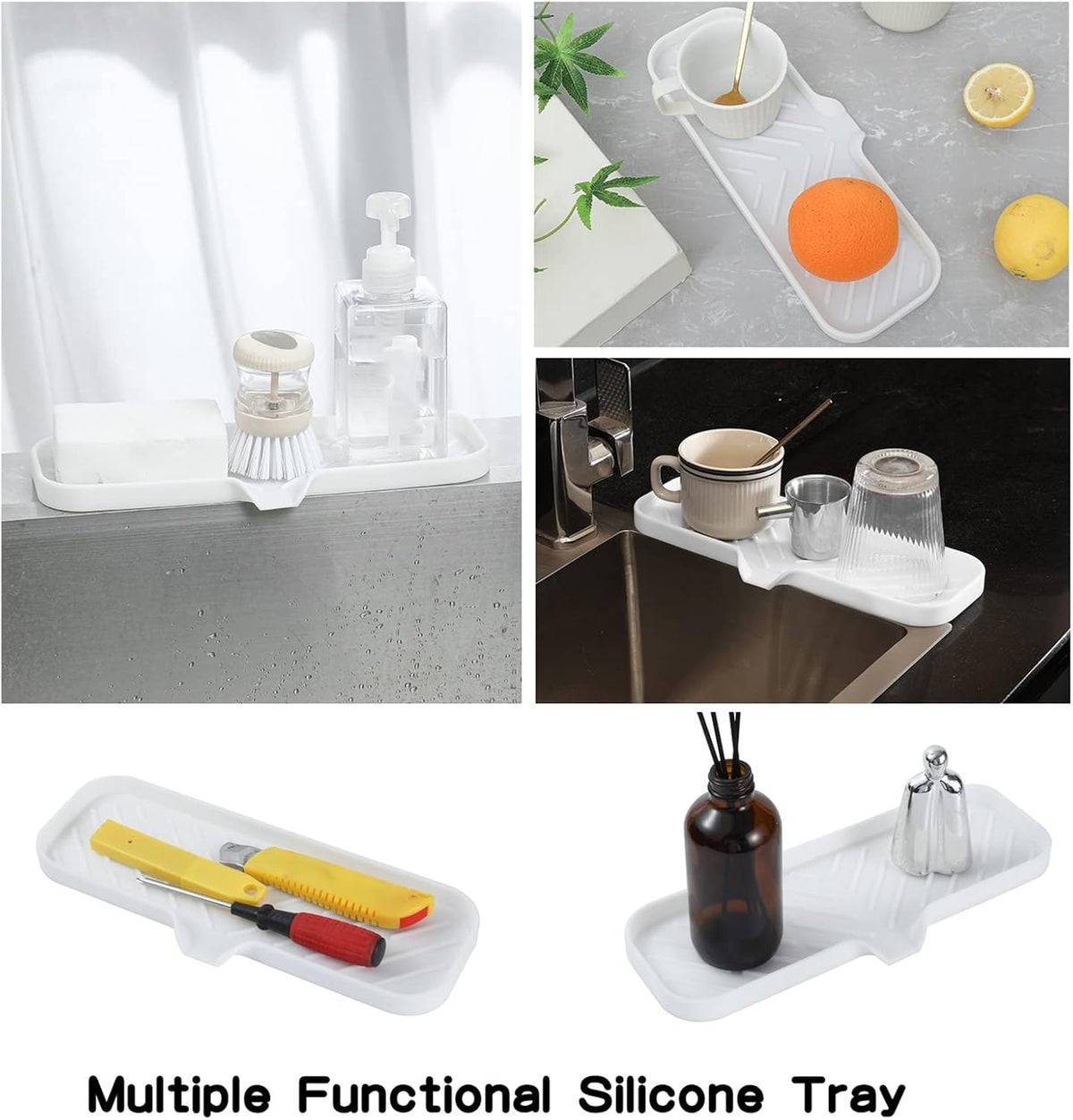 Silicone Bathroom Soap Dishes with Drain Spout-Bathroom and Kitchen Sink Organizer,Sponge Holder,Dish Soap Tray,Perfect for Dispenser,Scrubber,Bottle,Cup on Sink or Counter-White 12"×4"