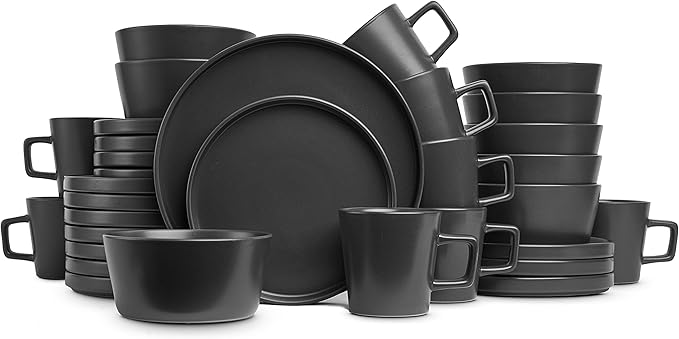 Stone Lain 32-Piece Black Matte Dinnerware Set + 4-Piece Black Stoneware Pasta Bowl Set