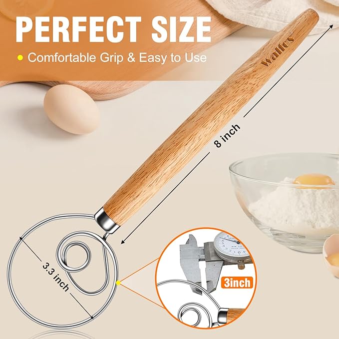 Walfos Wood Danish Dough Whisk, Wooden Sourdough Mixer With Stainless Steel Ring, Kitchen Hand Bread Whisking Tool for Cake, Pizza, Pastry, Biscuits