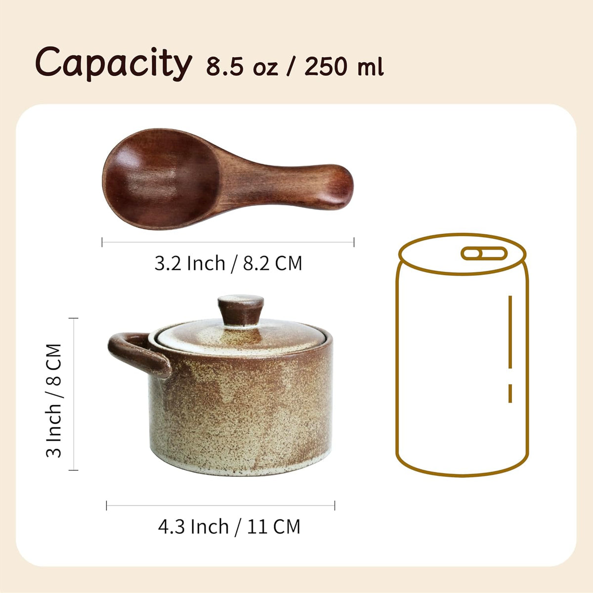 Handcrafted Speckled Ceramic Salt Cellar with Wooden Spoon, Rustic Vintage Spice Jar, Dishwasher Safe, 8.45 fl oz (Peckled Ceramic set of 2)