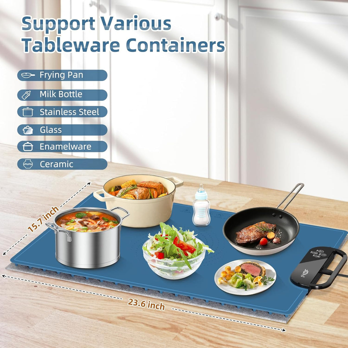 Electric Warming Tray with 7 Adjustable Temperatures, Hanging & Foldable Food Warmer Mat with Child Lock, 11 Timer Settings, Fast Heating Plate for Buffet, Paties, Family Gatherings, Holidays, Blue