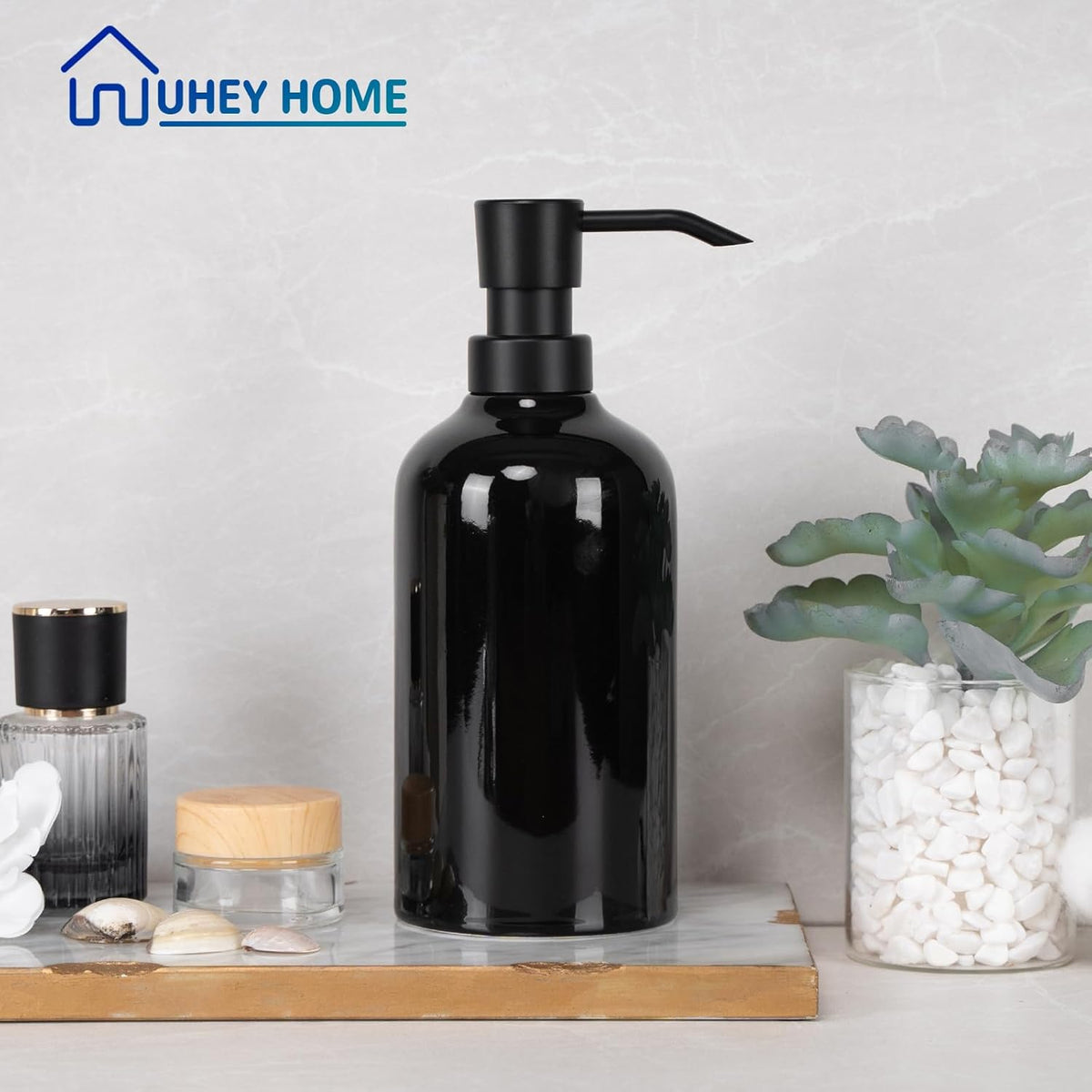 Ceramic Black Soap Dispenser Bathroom, 2 Pcs 16.9oz Hand Soap Dispenser for Kitchen, Hotel