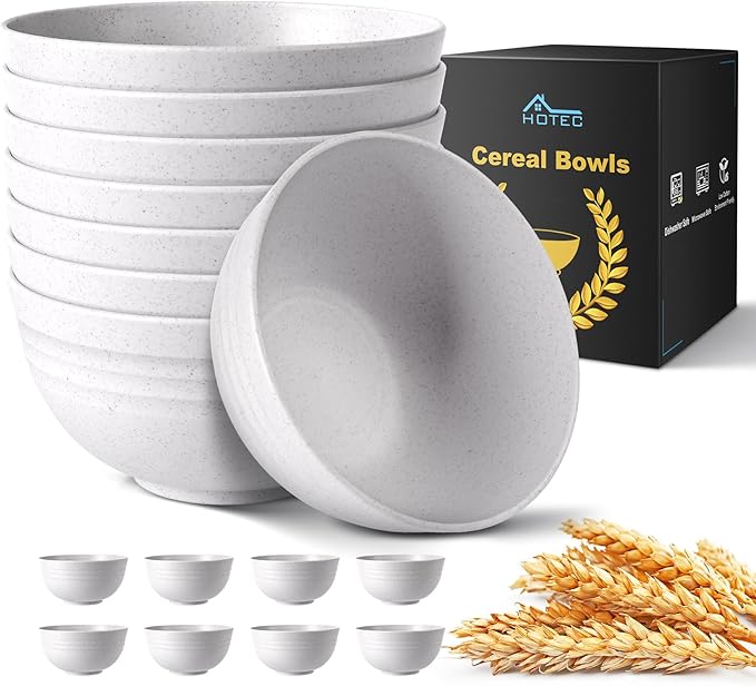 HOTEC Unbreakable Wheat Straw Cereal Bowls - Microwave & Dishwasher Safe Soup and Salad Bowls BPA Free, Set of 8, 26oz, White