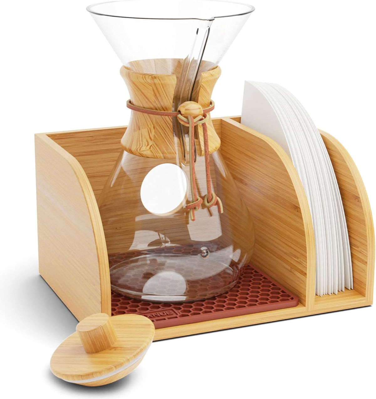 HEXNUB Caddy and Lid for Pour Over Coffee Maker, Bamboo Stand fits Chemex, Bodum, Cosori Carafes, Heatproof Mat, Filter Holder for Drip Coffee Maker - Brown Mat