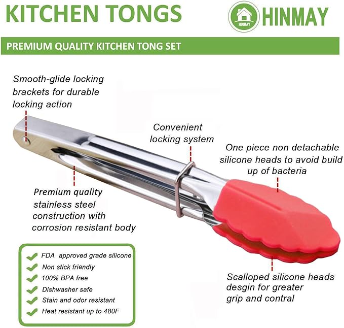 Mini Tongs with Silicone Tips 7-Inch Serving Tongs, Set of 3 (Green Red Blue)