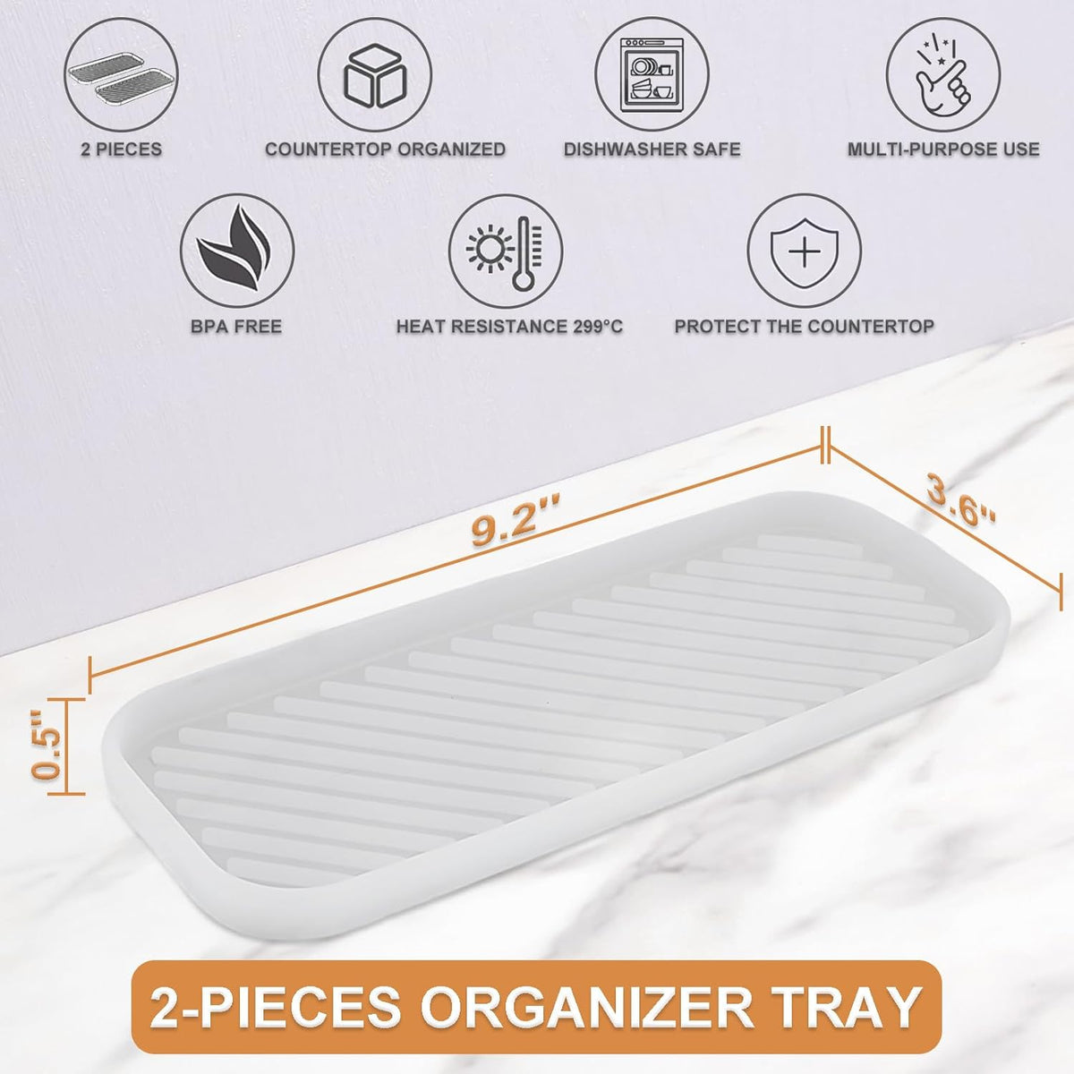 Silicone Organizer Tray, Soap and Sponge Holder for Kitchen Sink, Bathroom - Storage Tray for Dish Brush, Soap Dispenser, Dishwashing Accessories- 2 Pack (Clear)