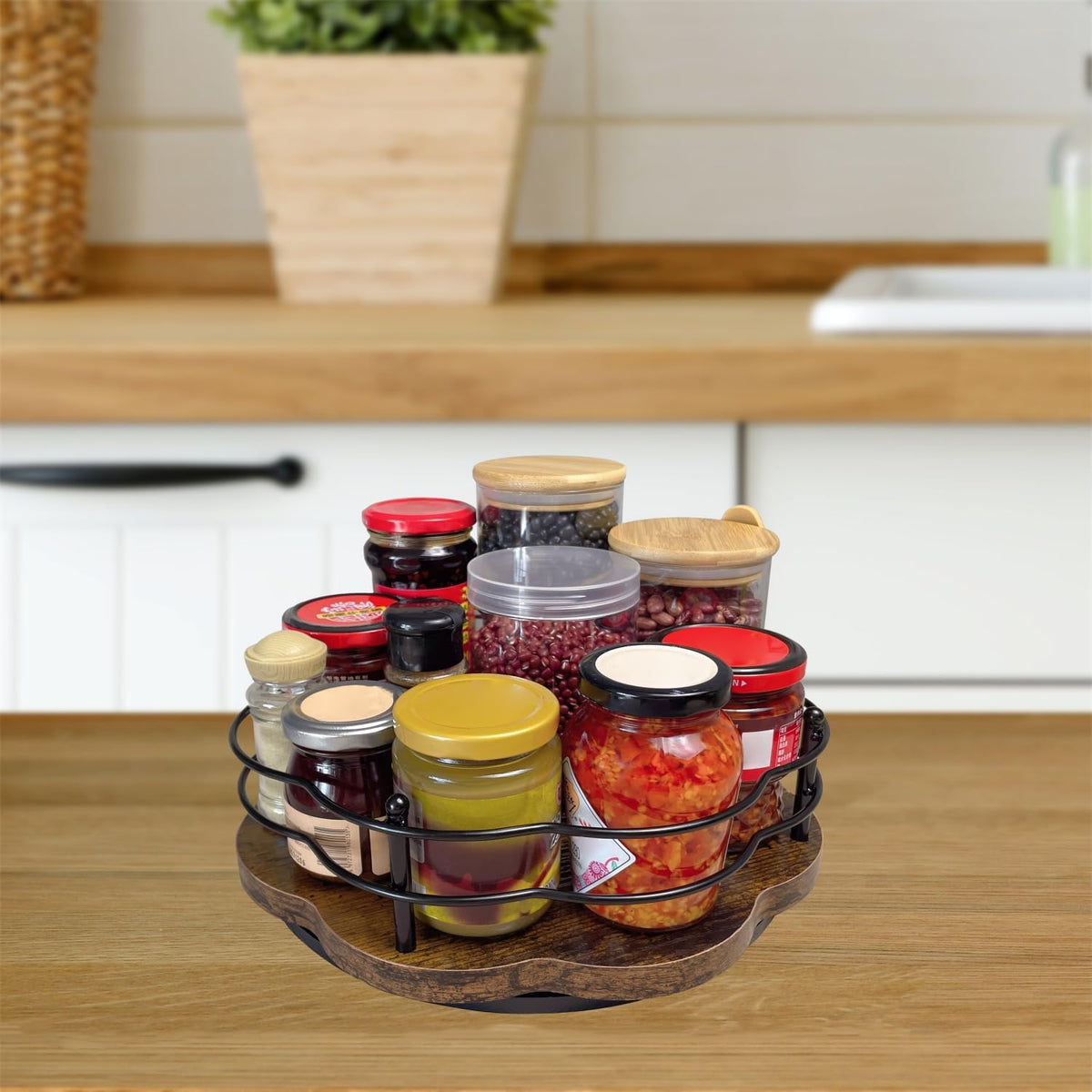 13" Lazy Susan Turntable Organizer with Higher Metal Sides, 360° Rotating Wooden Lazy Susan Organization and Storage for Cabinet,Kitchen,Countertop,Table Top,Dining Table,Coffee Bar Decor