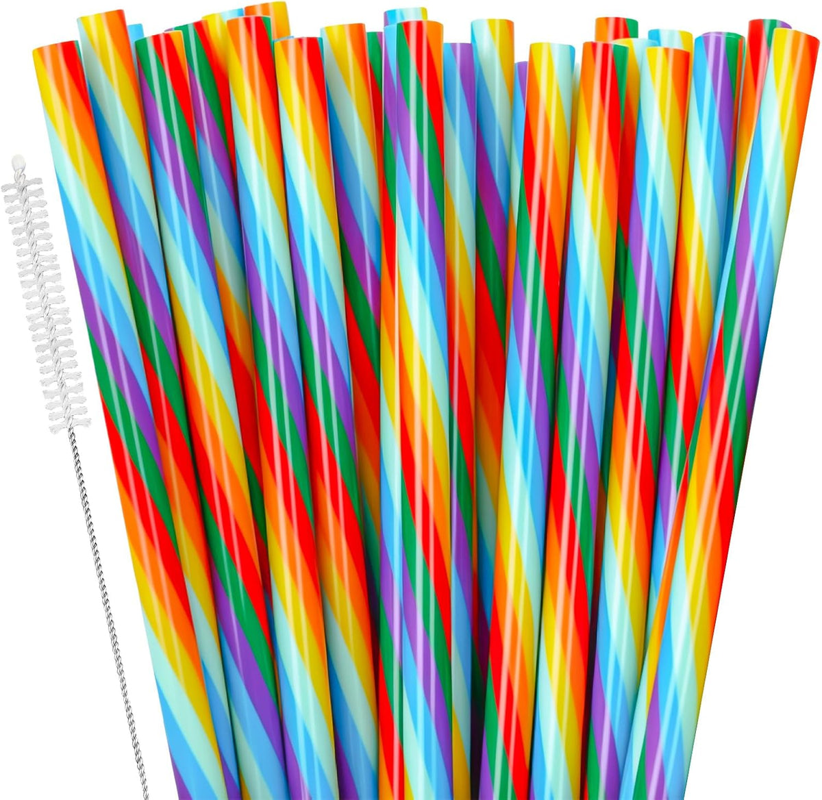 JANYUN 30 Pieces Rainbow Drinking Straws, 9inch Hard Platic Reusable Straws LGBT Gay Pride Colorful Rainbow Striped Straw for Pride Party Favors Decorations with Cleaning Brush