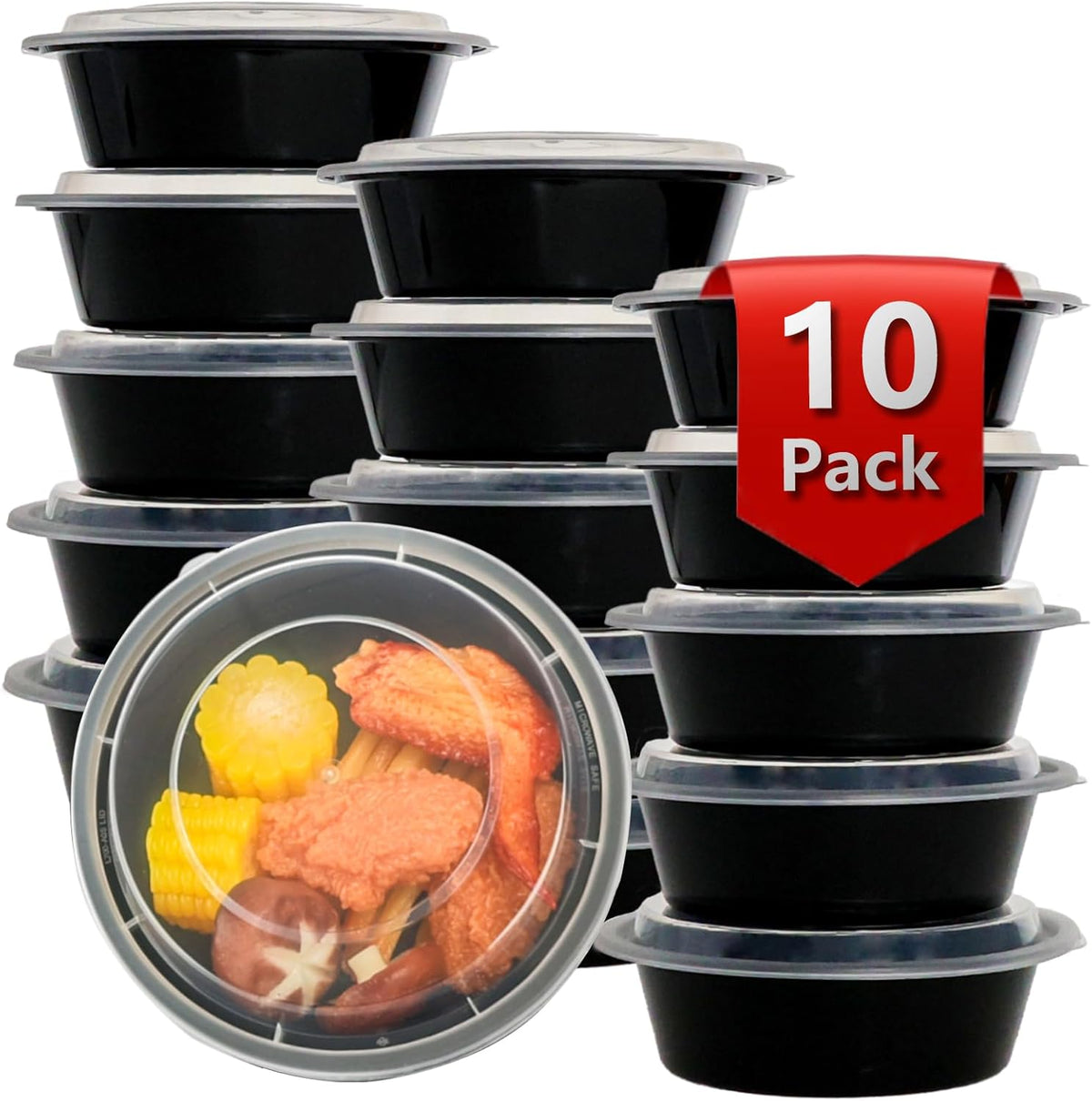 Meal Prep Containers Reusable 10 Pack-29 oz Food Storage Containers with Lids To Go Food Containers Takeout, Microwave Dishwasher Freezer Safe, Stackable, BPA Free, Plastic (Black)