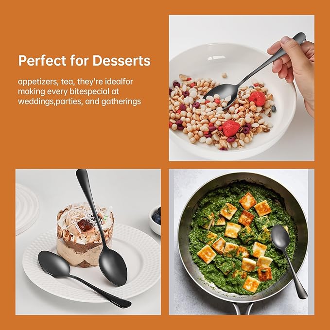 Black Spoons silverware teaspoons set of 12 dessert spoon 6.6inch Food-Grade stainless steel kitchen and dining table spoons (Black)