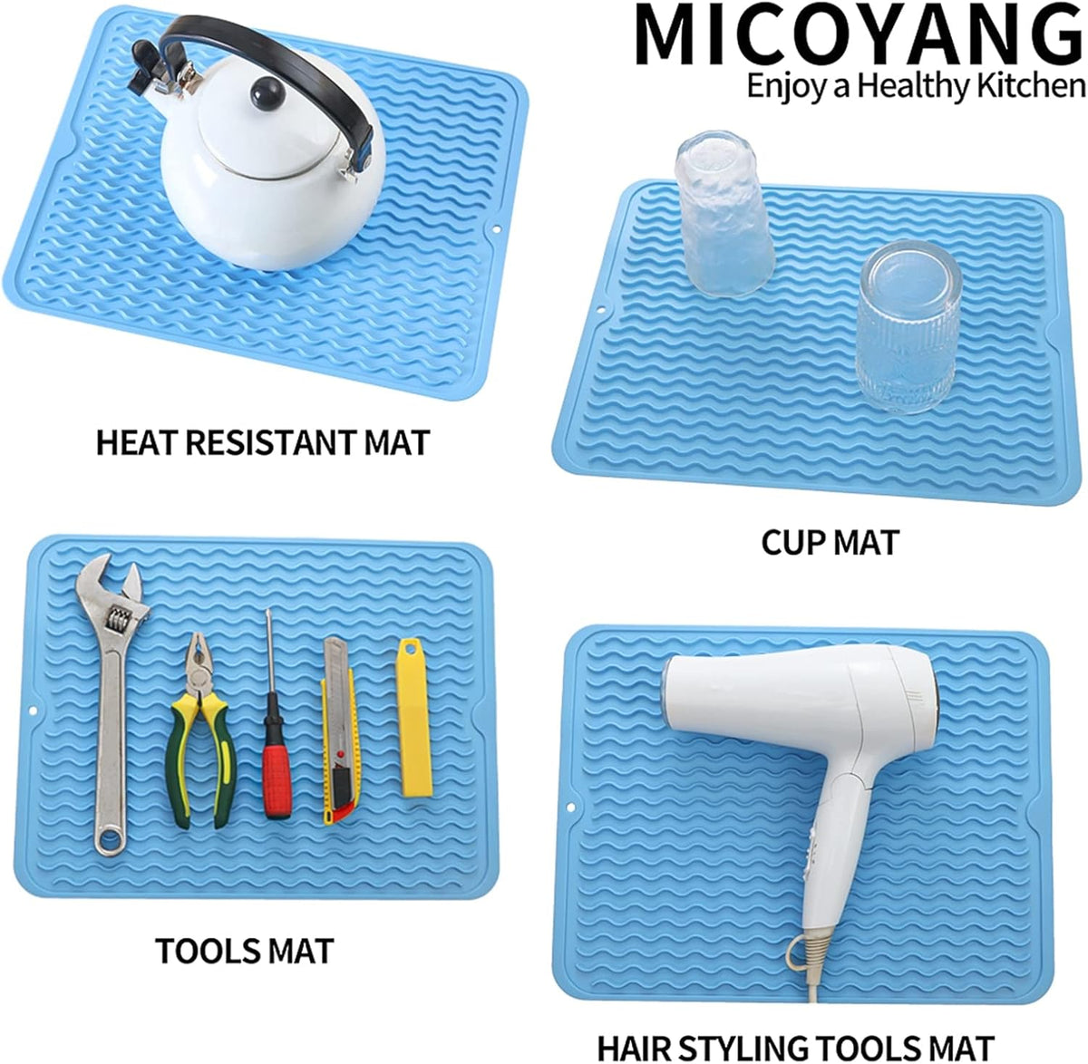 Silicone Dish Drying Mat for Multiple Usage,Easy clean,Eco-friendly,Heat-resistant Silicone Mat for Kitchen Counter or Sink,Refrigerator or drawer liner Light Blue L 16 inches x 12 inches