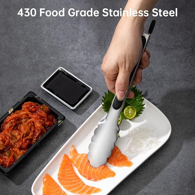 9 & 12 Inch Kitchen Tongs, Stainless Steel Metal Tongs Cooking Tongs, for Cooking Barbecue, BBQ Grilling, Buffet Serving (9"+12")