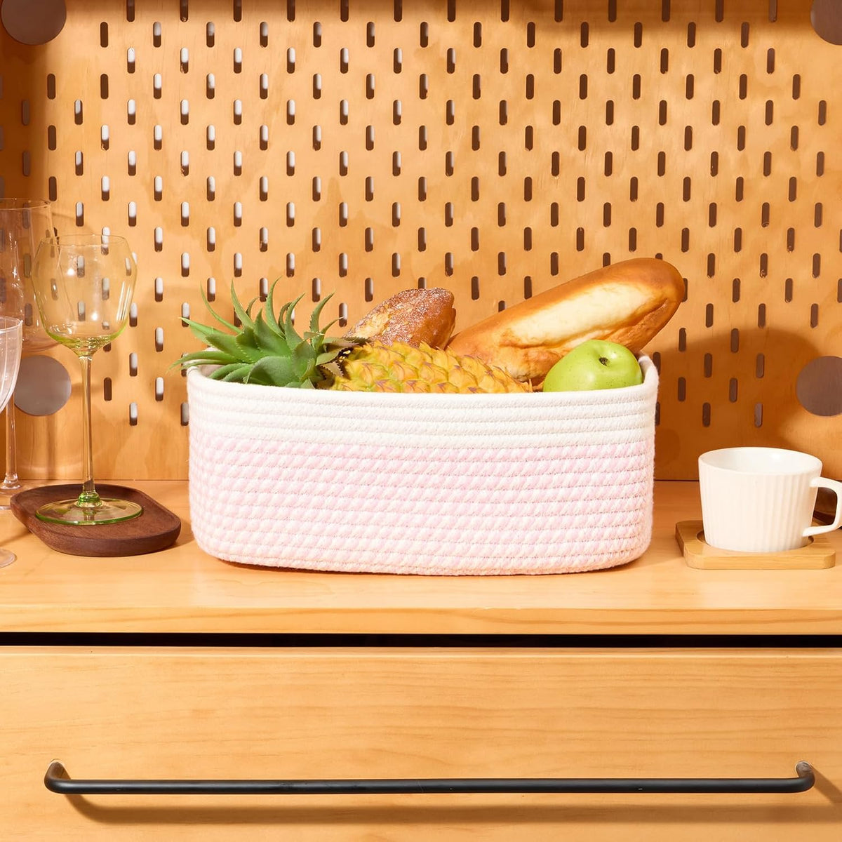 Small Storage Baskets for Organizing | Closet Organizer Bins | Shelf Toy Basket | Woven Rope Baskets | Cube Decorative Box | Shallow Basket | 13x8.5x5.1” | 4 Packs White Pink