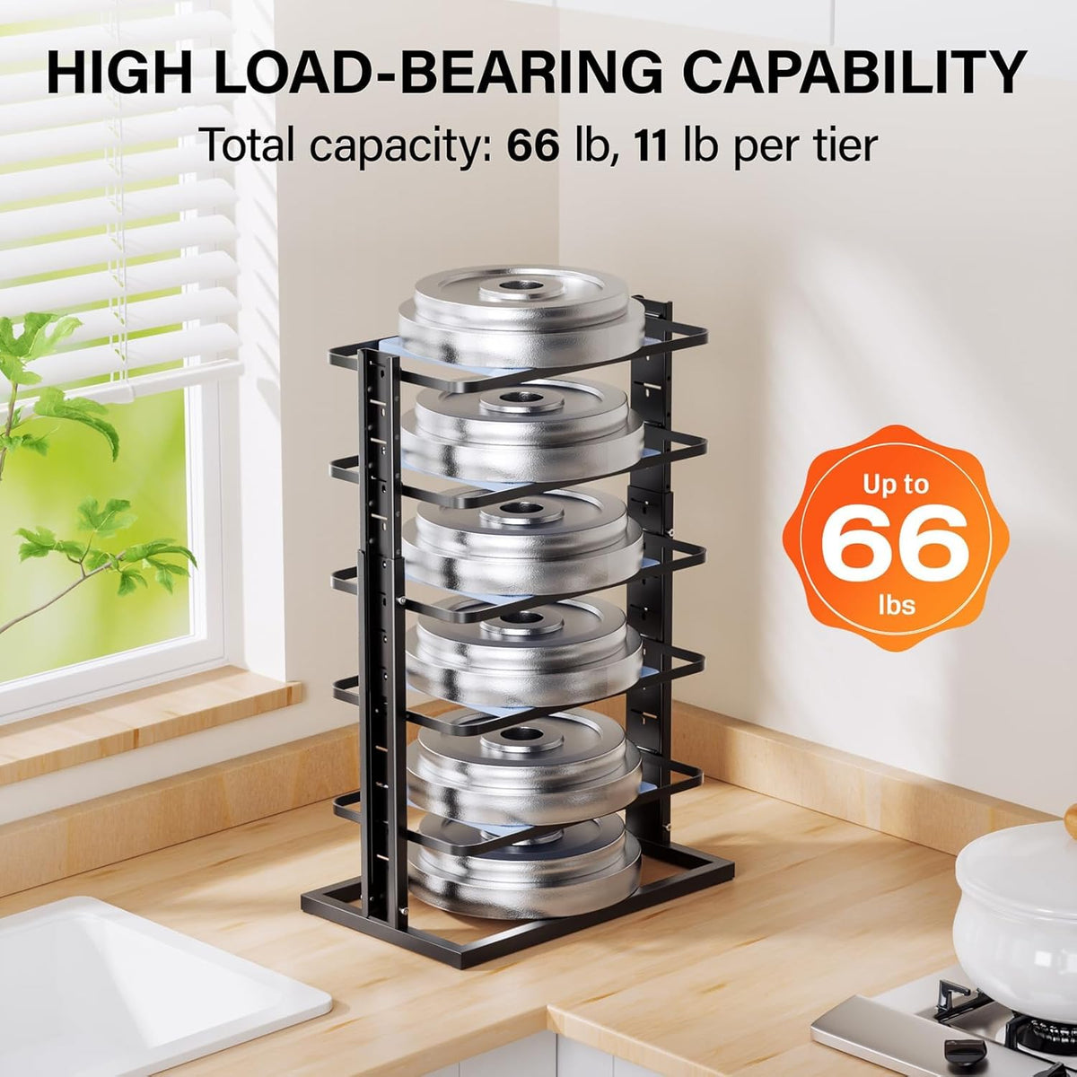 LAMU Pots and Pans Organizer for under Cabinet, 6-Tier Heavy Duty Pan Pot Organizers inside Cabinet Adjustable 14 to 23.39", Pot Rack Kitchen Cabinet Organization and Storage Holds up to 12" Cookware