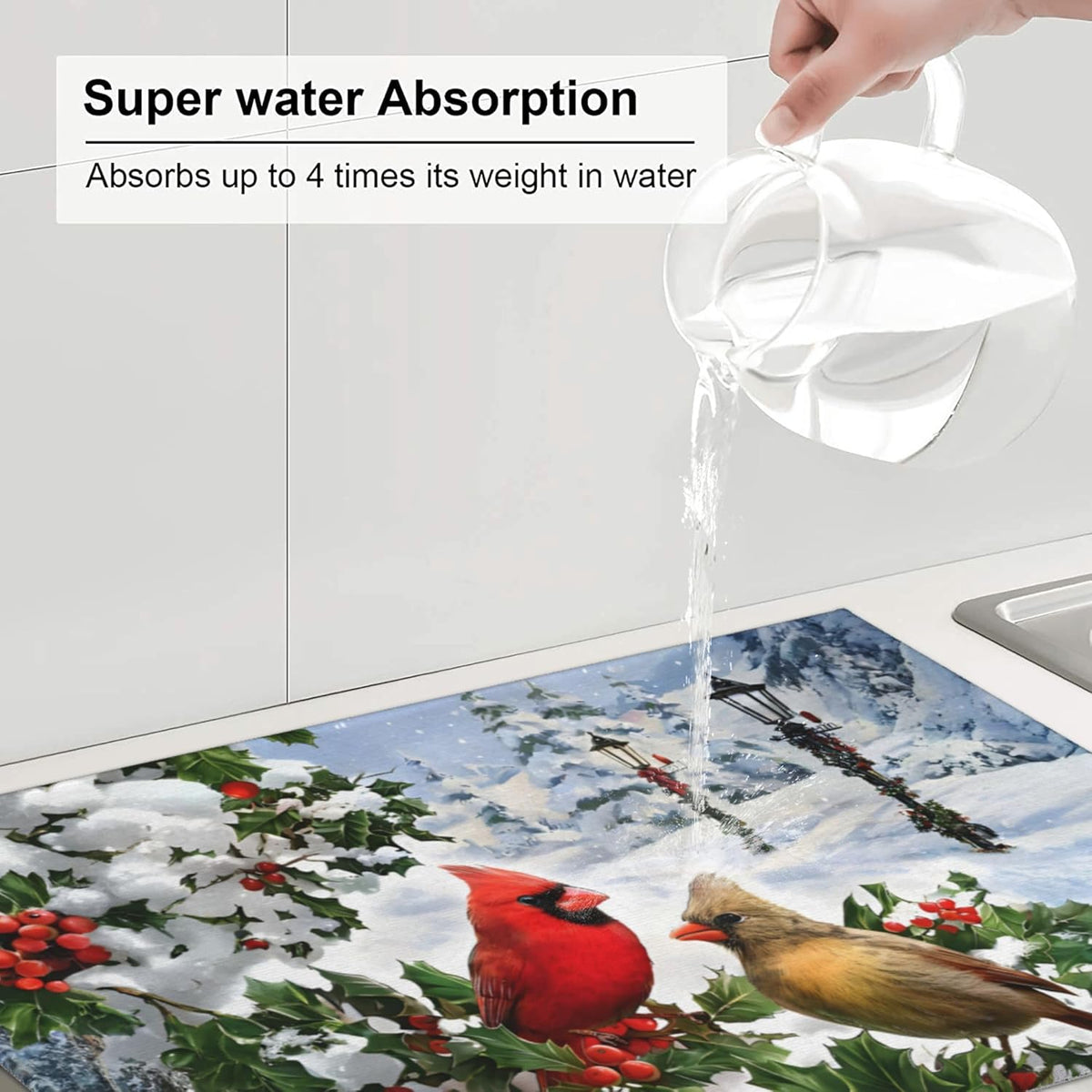 Kitchen Drying Mat Winter Cardinal Birds Microfiber Dish Drainer Mat for Kitchen Counter Absorbent Reusable Washable 18x24 Inch Home Holiday Decor