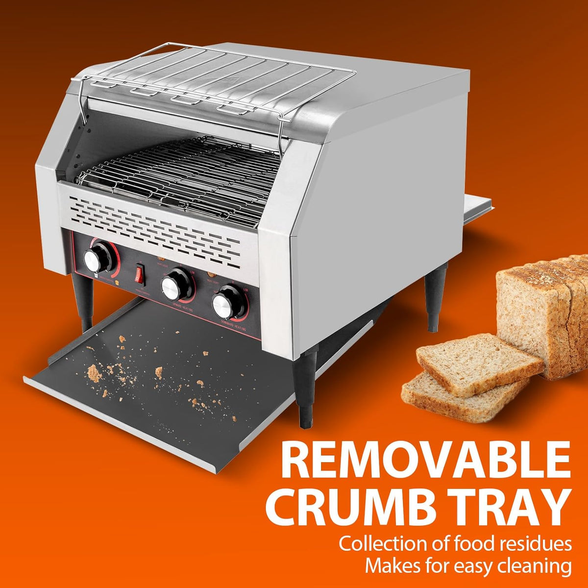 Commercial Toaster Conveyor 450 Slices/Hour, 2600W Stainless Steel Heavy Duty Commercial Toaster Conveyor for Restaurant with Three-ring Heating Tubes for Bun Bagel Bread Baked