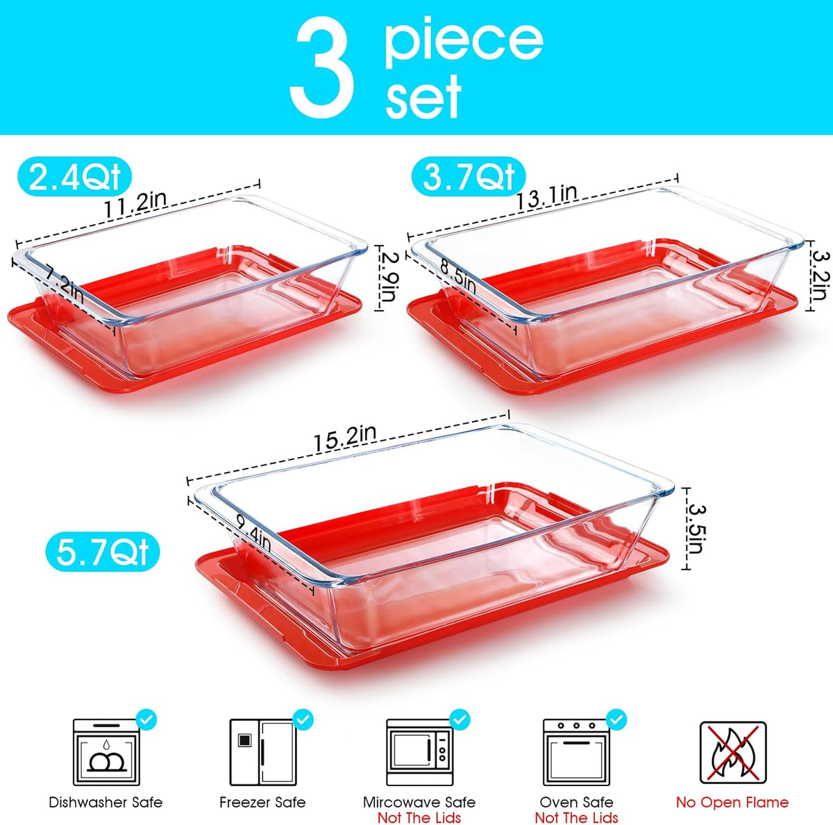 NUTRIUPS 6-Piece Deep Glass Baking Dish with Plastic Lids, 2.4+3.7+5.7Qt Deep Baking Pans for Lasagna Leftovers, Rectangular Glass Bakeware for Oven