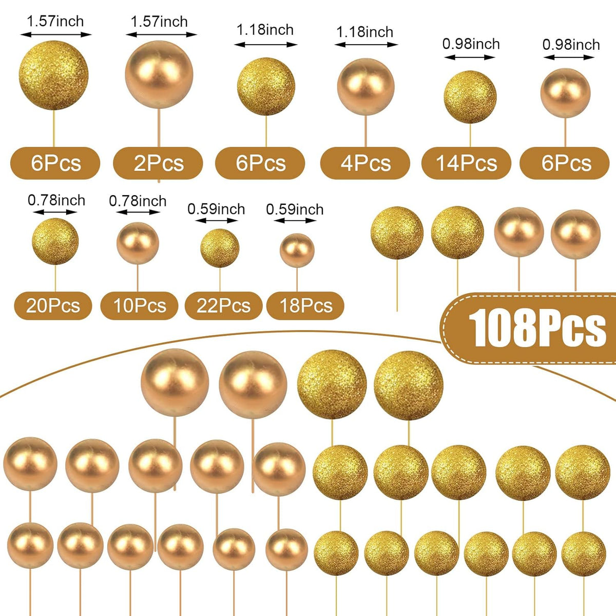 108 Pcs Balls Cake Topper DIY Cupcake Insert Foam Balloons for Cake Baking Wedding Anniversary Birthday Decoration(Glitter Gold, Gold,Multi Sizes)