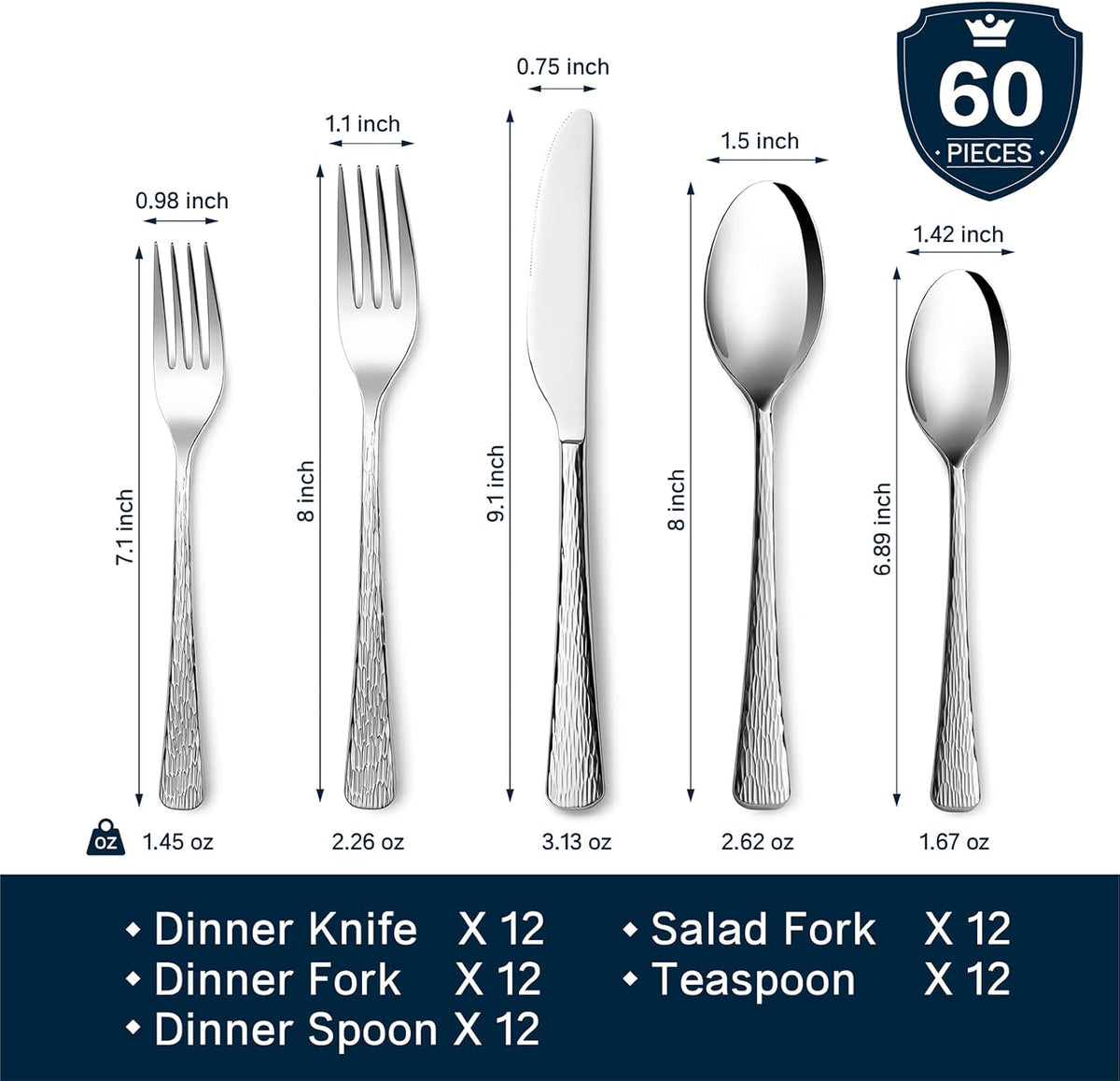 KINGSTONE Hammered Silverware Set, Flatware Set, 18/10 Stainless Steel Premium Cutlery with Unique Ripple Handles Design Mirror Polished - Dishwasher Safe (60-Piece)