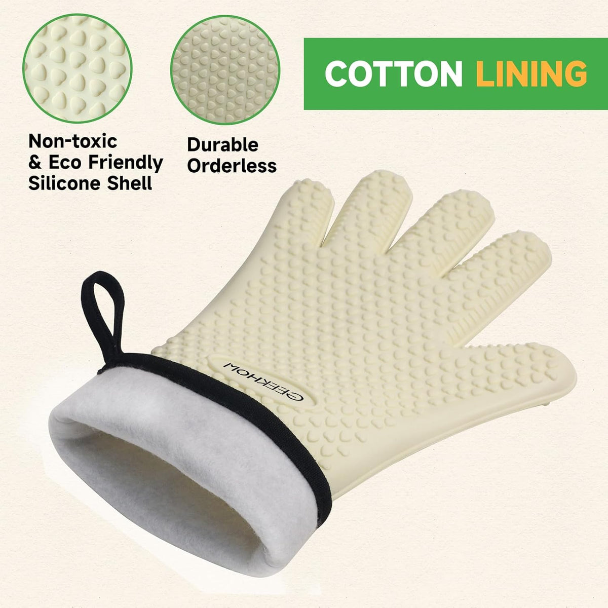 GEEKHOM BBQ Gloves Heat Resistant Oven Mitts - Silicone Grilling Gloves with 13.7" Arm Protection - Waterproof Pot Holder Non-Slip for Men & Women, Kitchen Outdoor Cooking, Baking, Camping, Mint Beige
