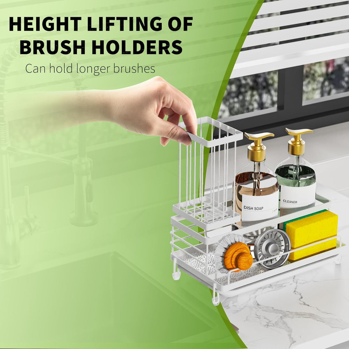 Cisily Kitchen Sink Caddy Organizer, Sponge Holder, Detergent Brush Holder, Plug Storage, White, Stainless Steel, Adjustable, 3 Compartments, 9.56" x 5.15" x 5.15"