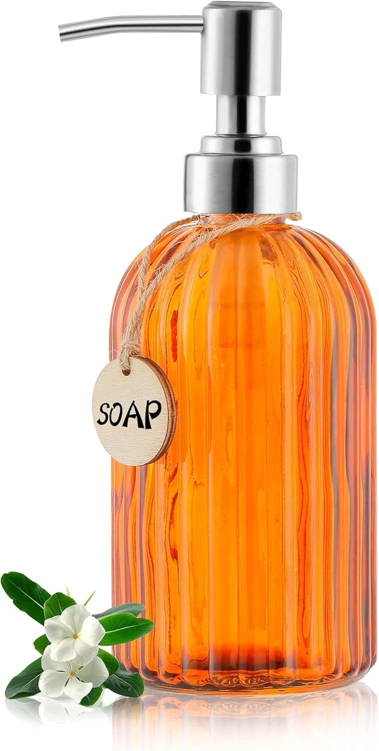 16 OZ Soap Dispenser，Tempered Glass Clear Vertical Stripe with 304 Rust Proof Stainless Steel Pump Refillable Liquid Hand Soap Dispenser，for Bathroom, Kitchen, Dish Soap，Lotion (Orange)