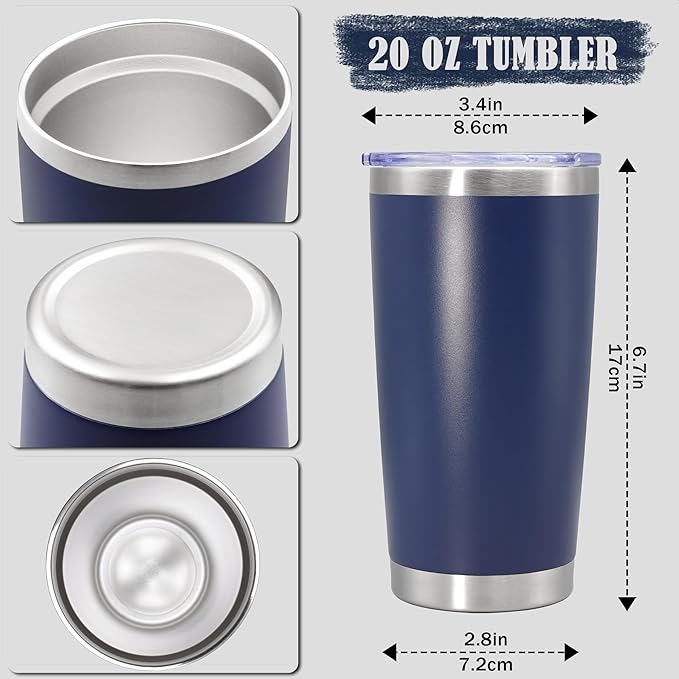 20 oz Tumbler Coffee Travel Tumblers Bulk with Lid Stainless Steel Double Wall Vacuum Insulated Mug Powder Coated Cups fit Car Cupholder for Hot and Cold - Navy, 8Pack