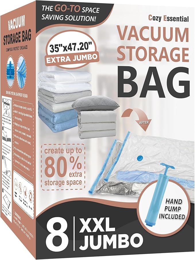 8 Pack XXL Jumbo Vacuum Storage Bags, Extra Large Vacuum Seal Bags for Comforters, Bedding, Blanket Storage, Giant Space Saver Bags for Huge Stuffed Toy(47.2x35 in)