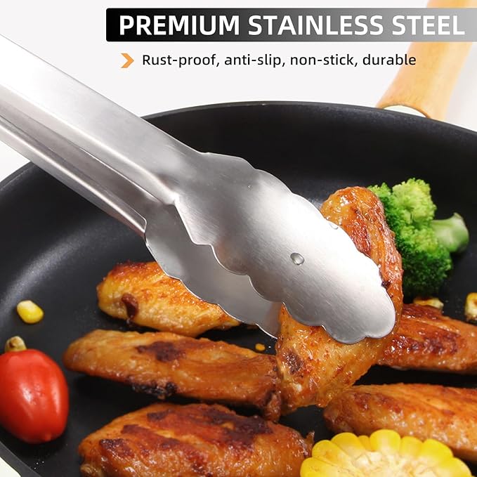 NileHome Tongs for Cooking, Professional Stainless Steel Cooking Tongs – Heat-Resistant for Grilling, BBQ, Serving Salad, Pasta, and Kitchen Use, Dishwasher Safe, Set of 7" 9" 12", Silver