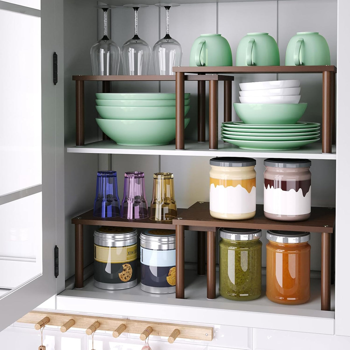 Cabinet Organizer Shelf(Set of 2),Kitchen Counter Shelves,Bamboo Spice Rack Countertop and Cabinet,Stackable Expandable,Medium(Brown)