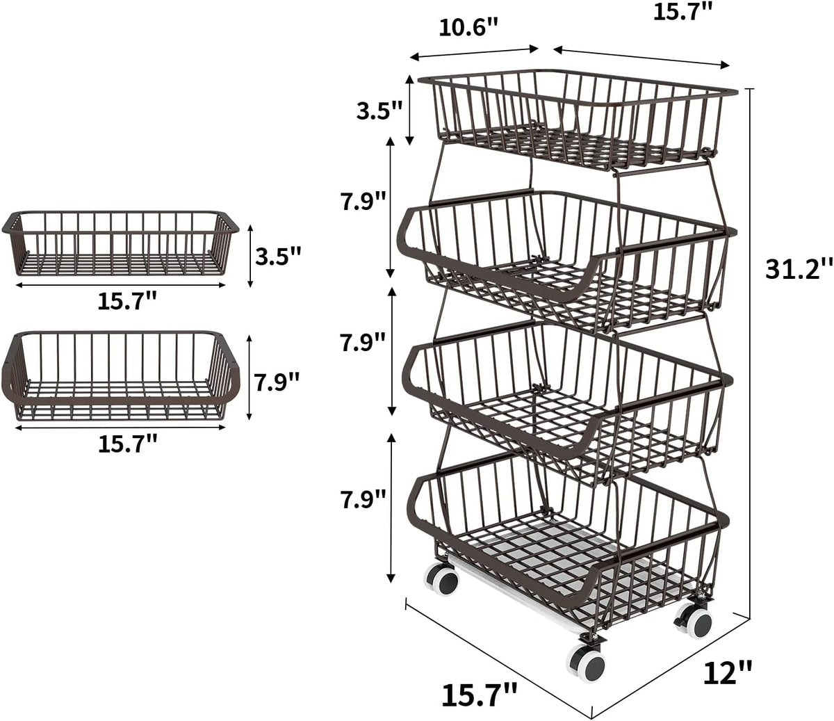 Fruit Vegetable Storage Basket for Kitchen - 4 Tier Stackable Metal Wire Baskets Cart with Rolling Wheels Utility Fruits Rack Produce Snack Organizer Bins for Pantry Bathroom Laundry Bronze