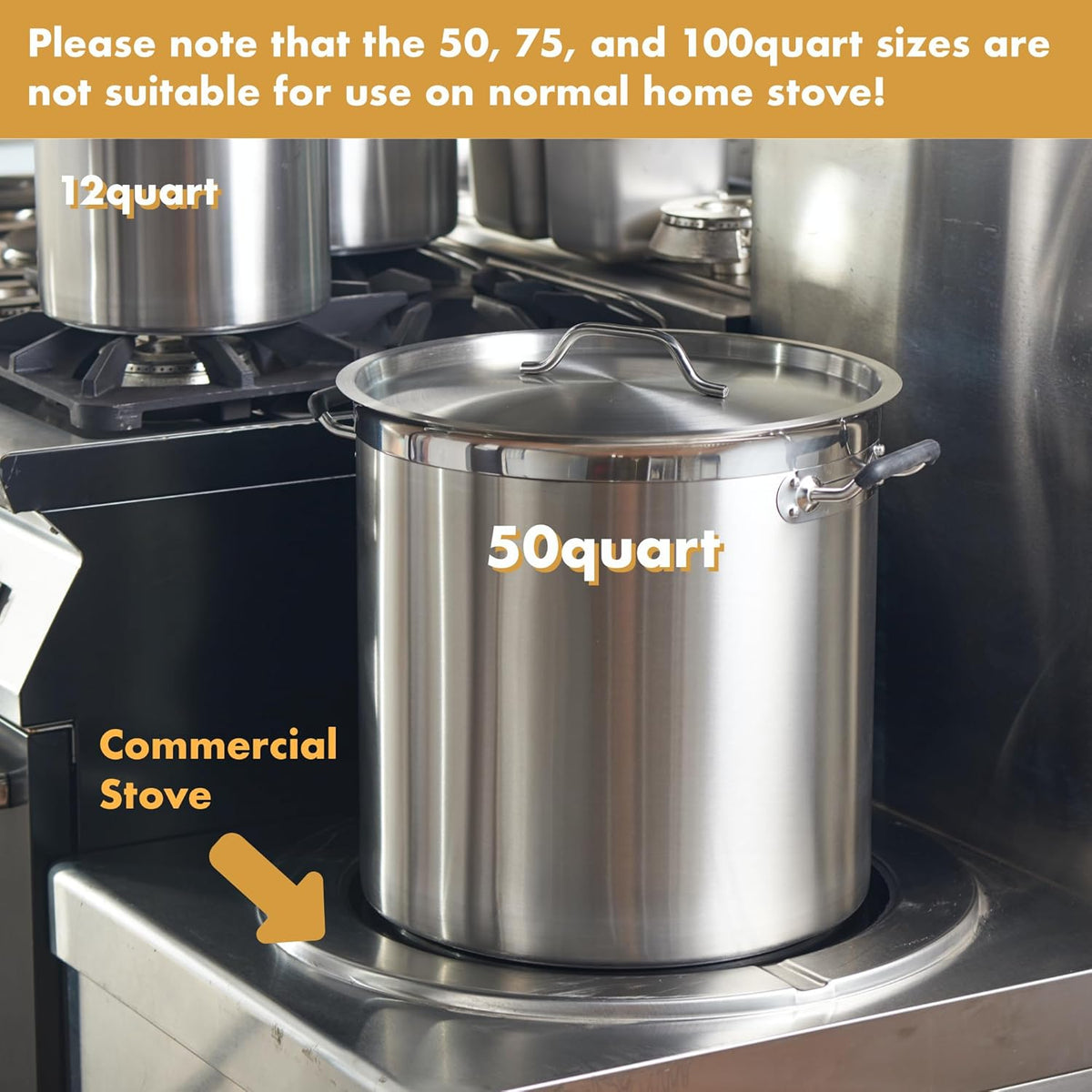 CURTA 50 Quart Large Stock Pot with Lid, NSF Listed, Induction Ready, 3-Ply Clad Base, 18/8 Stainless Steel Cooking Pot, Commercial Cookware for Soup, Stew & Sauce, Riveted Silicone Handle