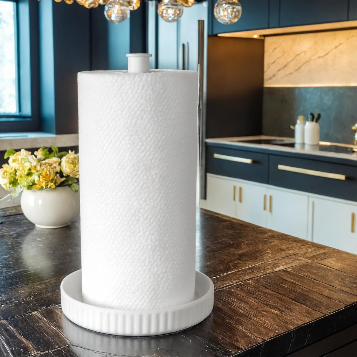 VROOMIUM Paper Towel Holder Countertop, Ceramic Base Easy-to-Clean, 1.5 lbs, 7" B x 12.5" H, Stable Elegant and Durable Kitchen Roll Stand, Chic White