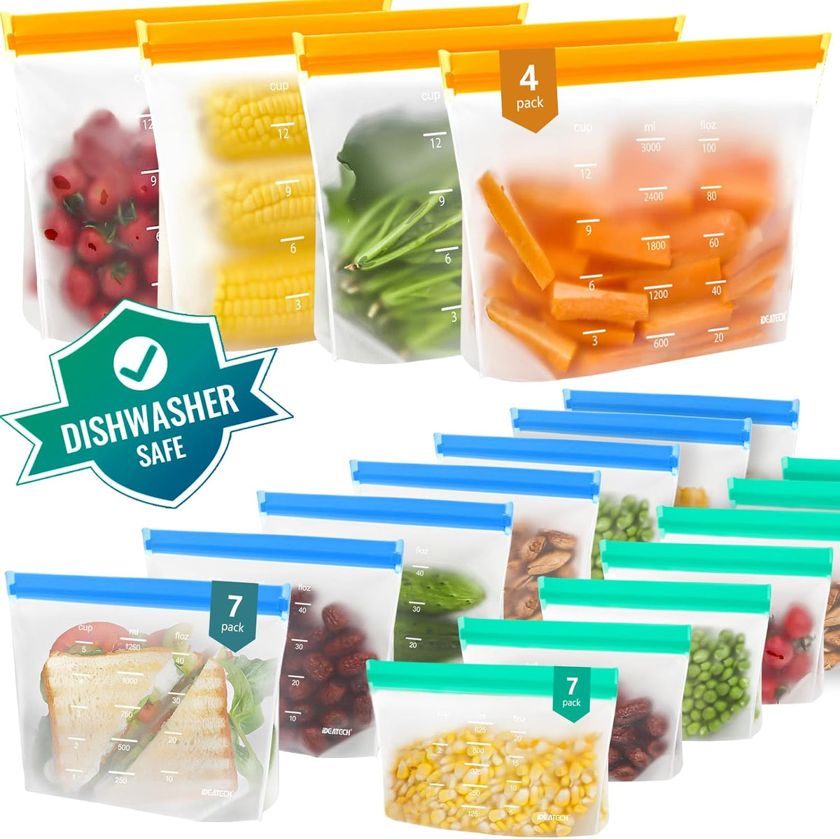 IDEATECH Freezer Bags, Food Storage Containers Dishwasher Safe, Leakproof BPA Free Food Bags Various Size,Gallon, Sandwich, Snack Bags, Reusable Bags for Meals,Lunch,Home Organization Travel(18Pack)