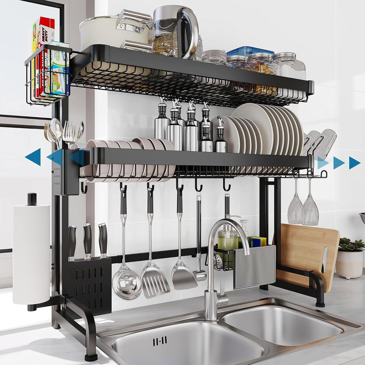 Over The Sink Dish Drying Rack,3 Tier Adjustable Length Full Stainless Steel Large Storage Kitchen Dish Rack,for Kitchen Counter Expandable Multifunctional Organizers,Silver(25.5'' to 37.4'')