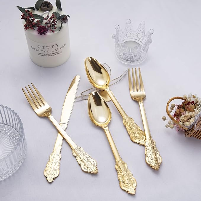 NOCCUR 180PCS Gold Plastic Cutlery Set - Gold Plastic Silverware Disposable - Include 60 Forks, 60 Spoons, 60 Knives - Perfect for Wedding/Fall Party/Thanksgiving