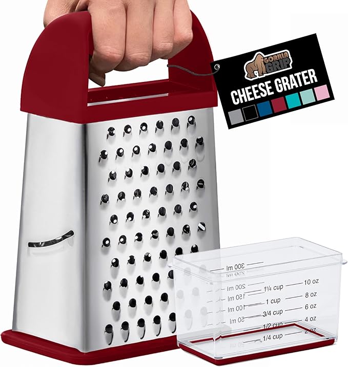 GORILLA GRIP 4-Sided 100% BPA-Free Cheese Grater With Container, Stainless Steel XL Box Graters, Parmesan Shredder, Grate Cheeses, Shred Veggies, Slip Resistant Handle, Dishwasher Safe Zester, Red