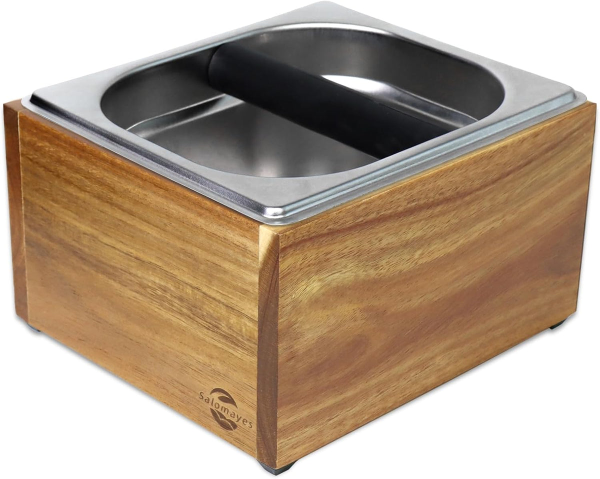 Acacia Wood Espresso Knock Box, Large Capacity with Stainless Steel Interior, Silicone Knock Bar, Anti-Slip Base, Noise-Reducing & Shock-Absorbing Design, Removable for Easy Cleaning