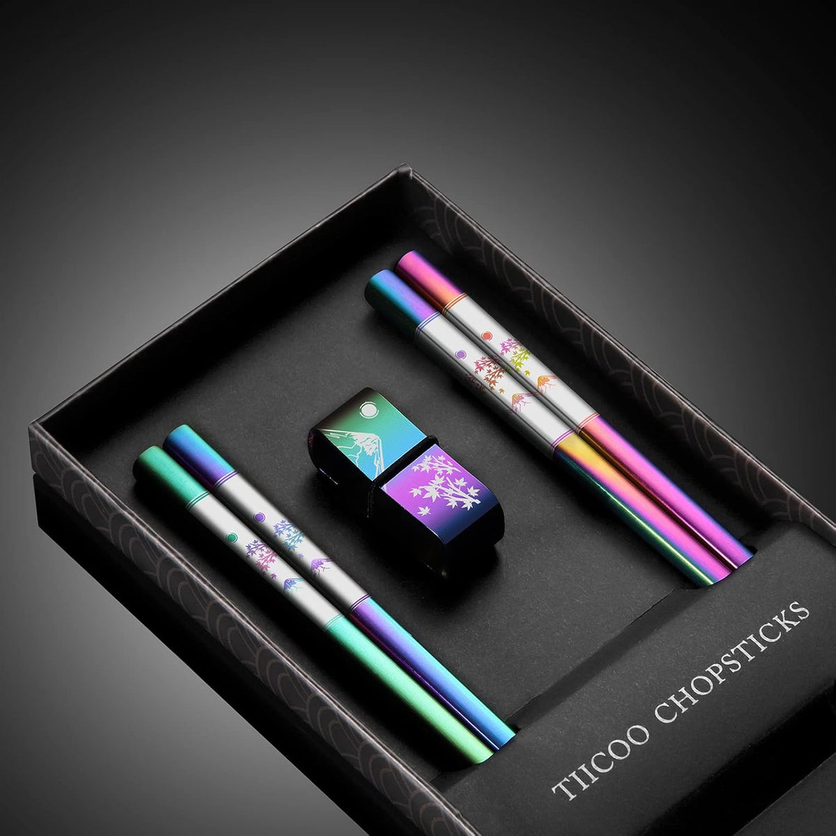 Metal Chopsticks Reusable 2 Pairs Titanium Plated 18/8 Stainless Steel Chopsticks with Holder, Dishwasher Safe Non-Slip Japanese Style Laser Engraved Chop Sticks Gift Set (Rainbow)