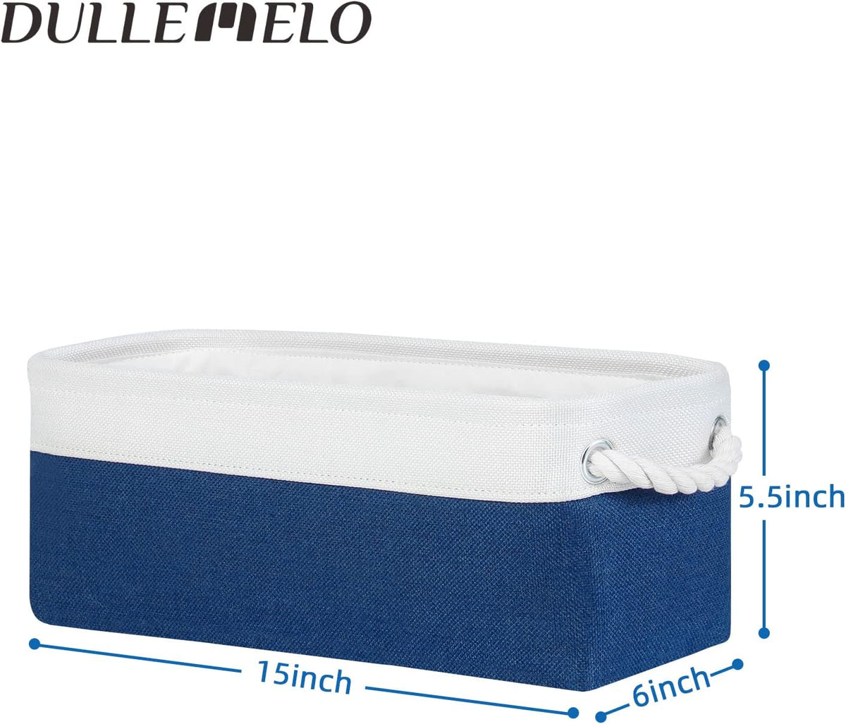 DULLEMELO Toilet Paper Storage Basket, Toilet Paper Basket for Back of Toilet, Bathroom Storage Basket for Cosmetics Towels Toilet Paper, Toilet Tank Basket with Rope Handles for Toilet(White&Blue)