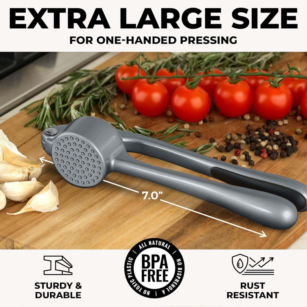 Zulay Kitchen Large Premium Garlic Press Set - Bigger Bowl for Bigger Garlic - Rust Proof & Dishwasher Safe Garlic Mincer Tool - Easy-Squeeze, Easy-Clean Silicone Garlic Peeler & Brush (Slate)
