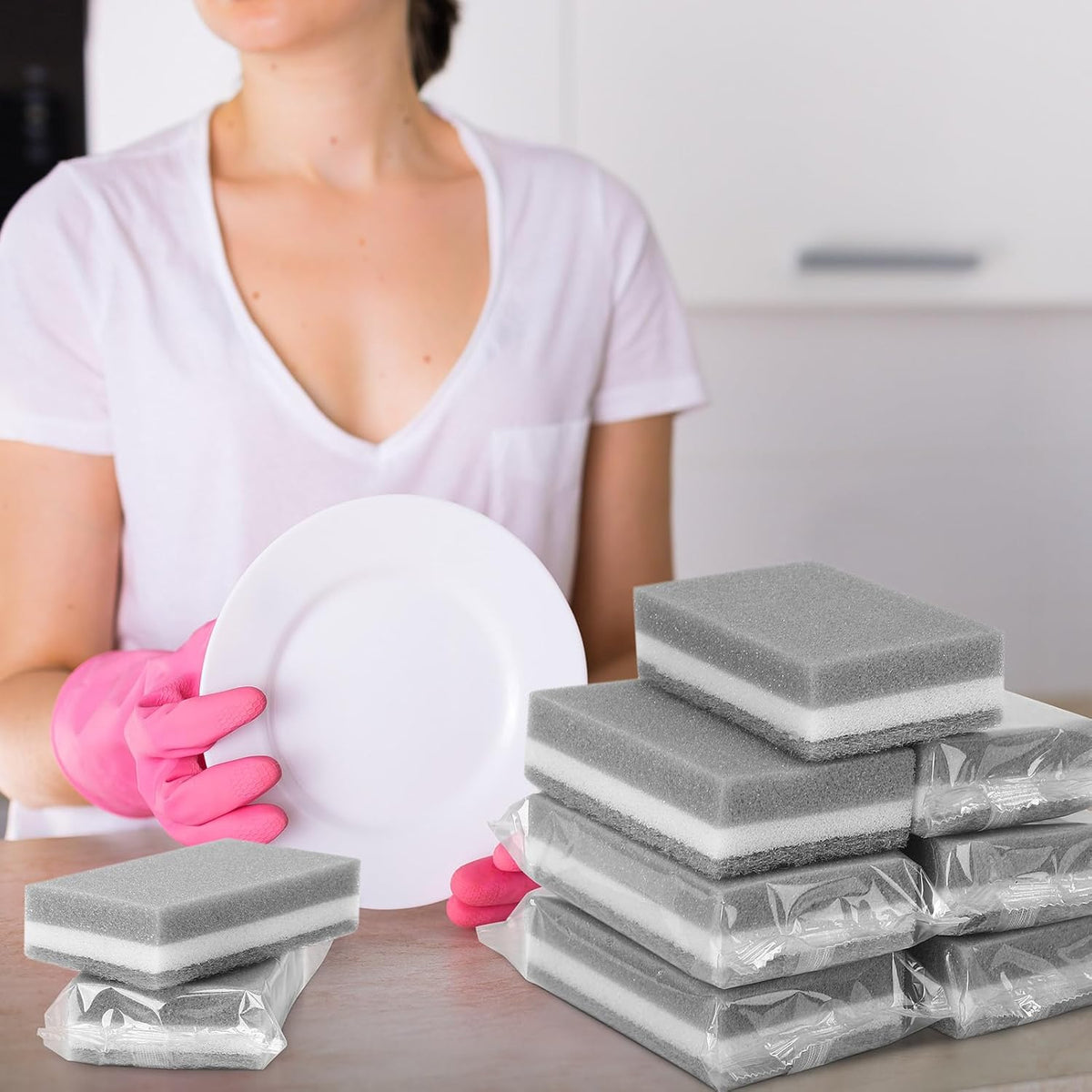 90 Pack Individually Wrapped Sponges Uncompressed Kitchen Dishwashing Non Scratch Scrouing Sponge Bulk for Hotel Car Airbnb Apartments,Gray