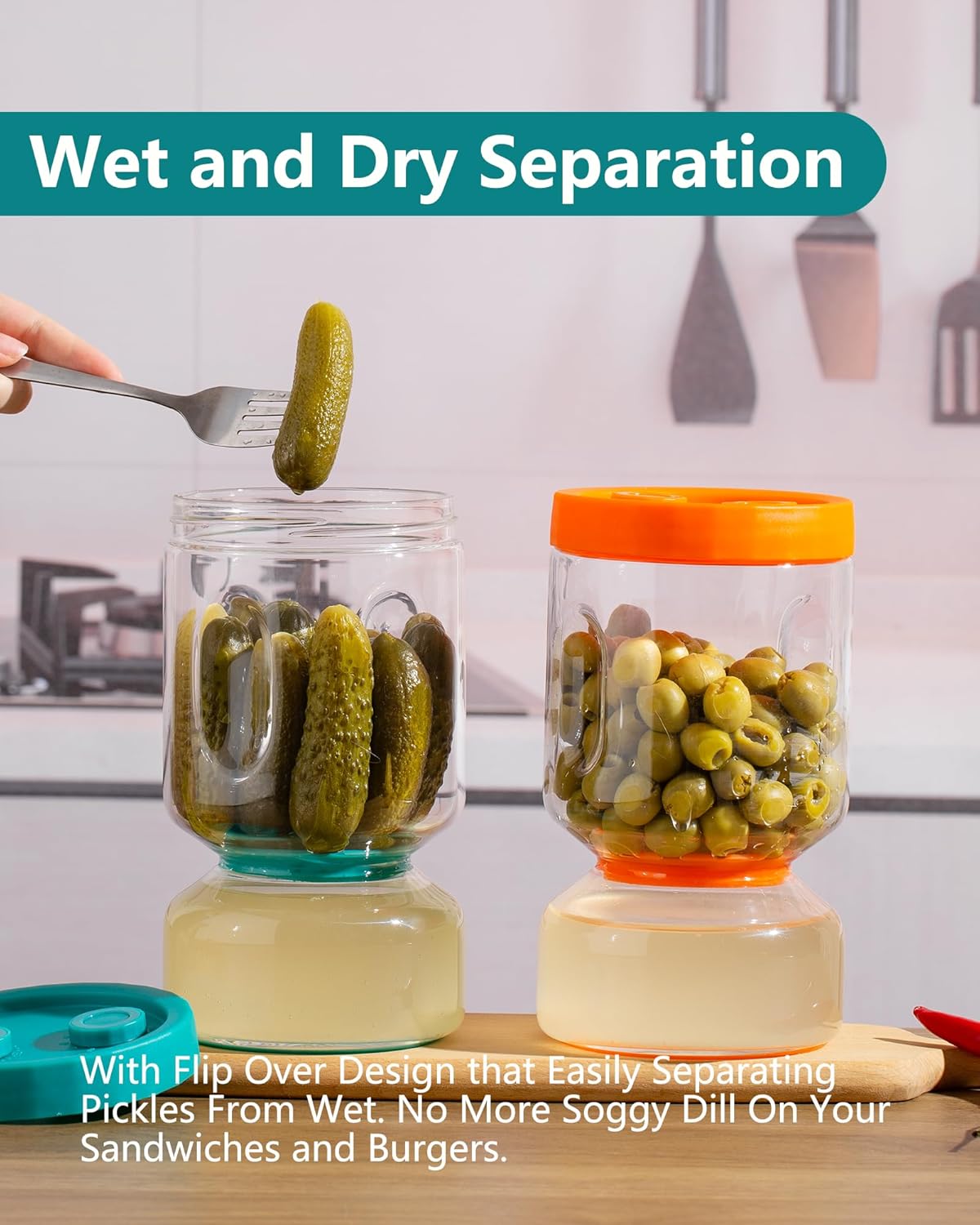 ZENS Pickle Jar with Strainer Flip, 2 Pack 51oz Pickle Container Pickle Juice Separator Hourglass Jar for Olive Keeper, Leakproof Pickle Holder Jars for Pickling Dill Sliced Storage, Gifts for Mom