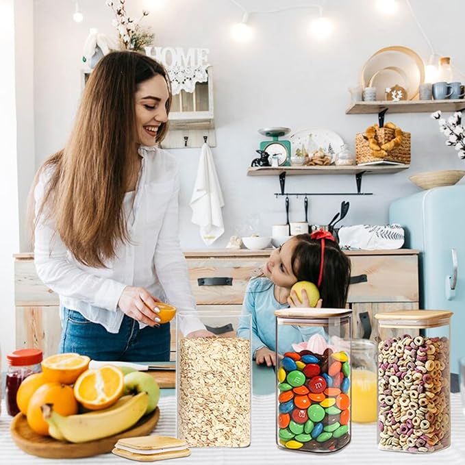1.6 Qt Square Glass Storage Containers with Lids, Clear Food Storage Container Jar with Sealing Bamboo Lid for Noodles Flour Cereal Rice Sugar Tea Coffee Beans (Square-3Pack)