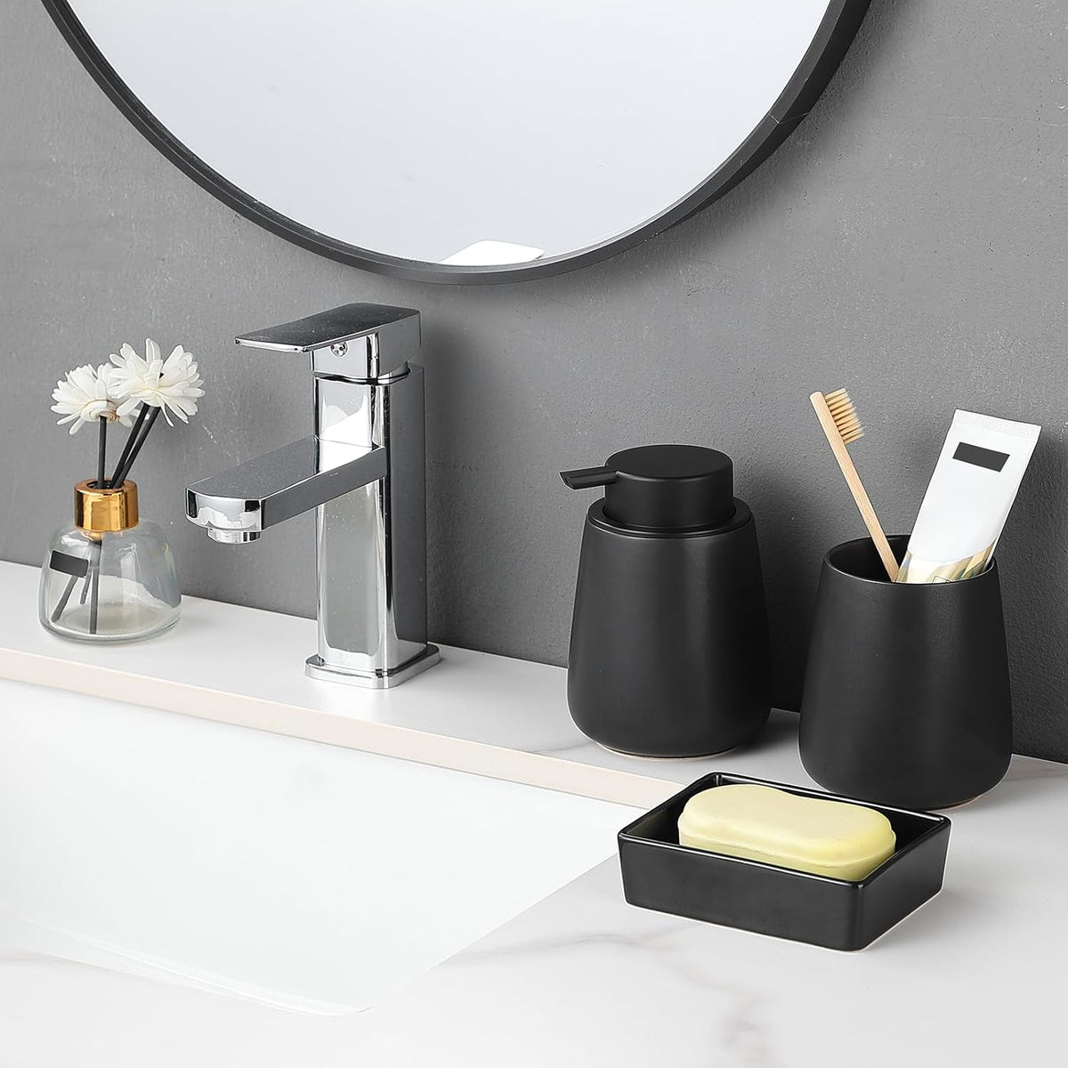 Black Rectangle Soap Dish - Modern Ceramic Hand Soap Holder Non-Slip Bar Soap Holder Soap Tray for Bathroom, Kitchen Sink, Shower, Countertop, Easy to Clean